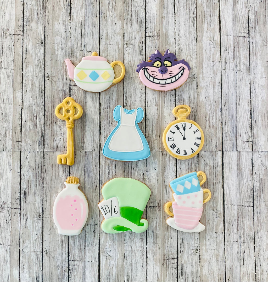 Wonderland Cookie Cutters, cat cutter, clock cutter, hat cutter, key cutter, teapot cutter, potion cutter, princess cutter