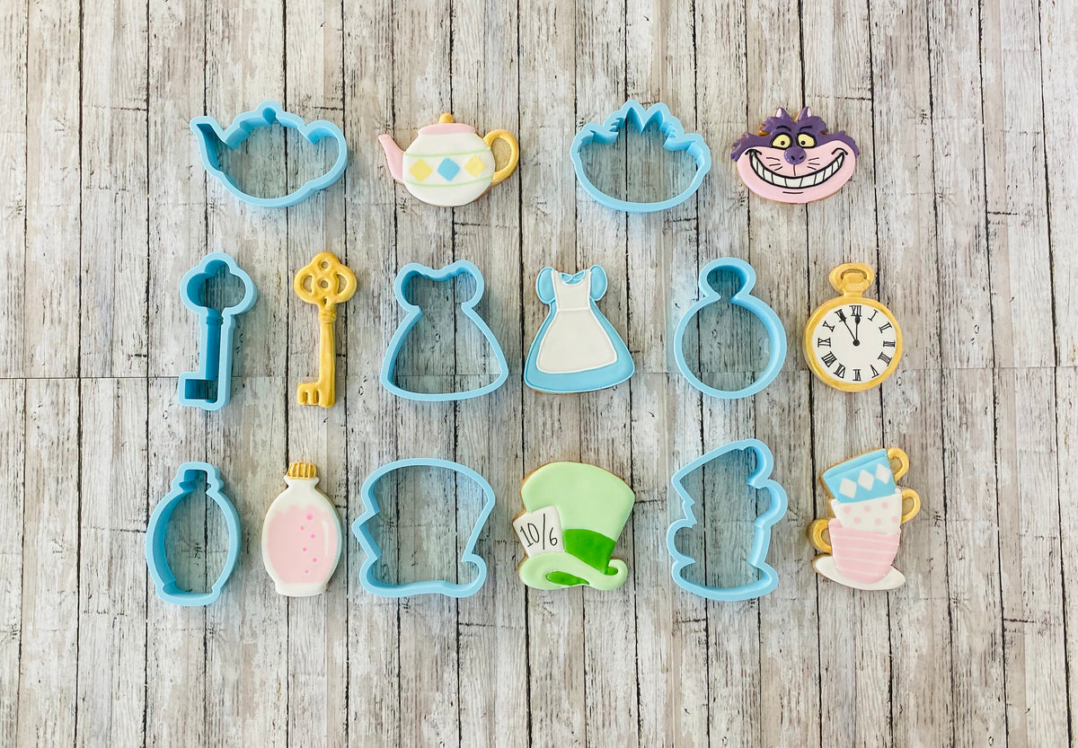Wonderland Cookie Cutters, cat cutter, clock cutter, hat cutter, key cutter, teapot cutter, potion cutter, princess cutter