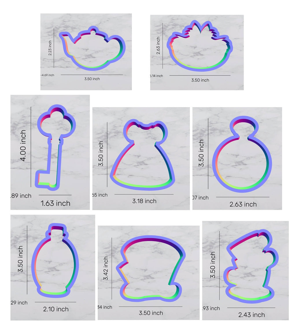 Wonderland Cookie Cutters, cat cutter, clock cutter, hat cutter, key cutter, teapot cutter, potion cutter, princess cutter