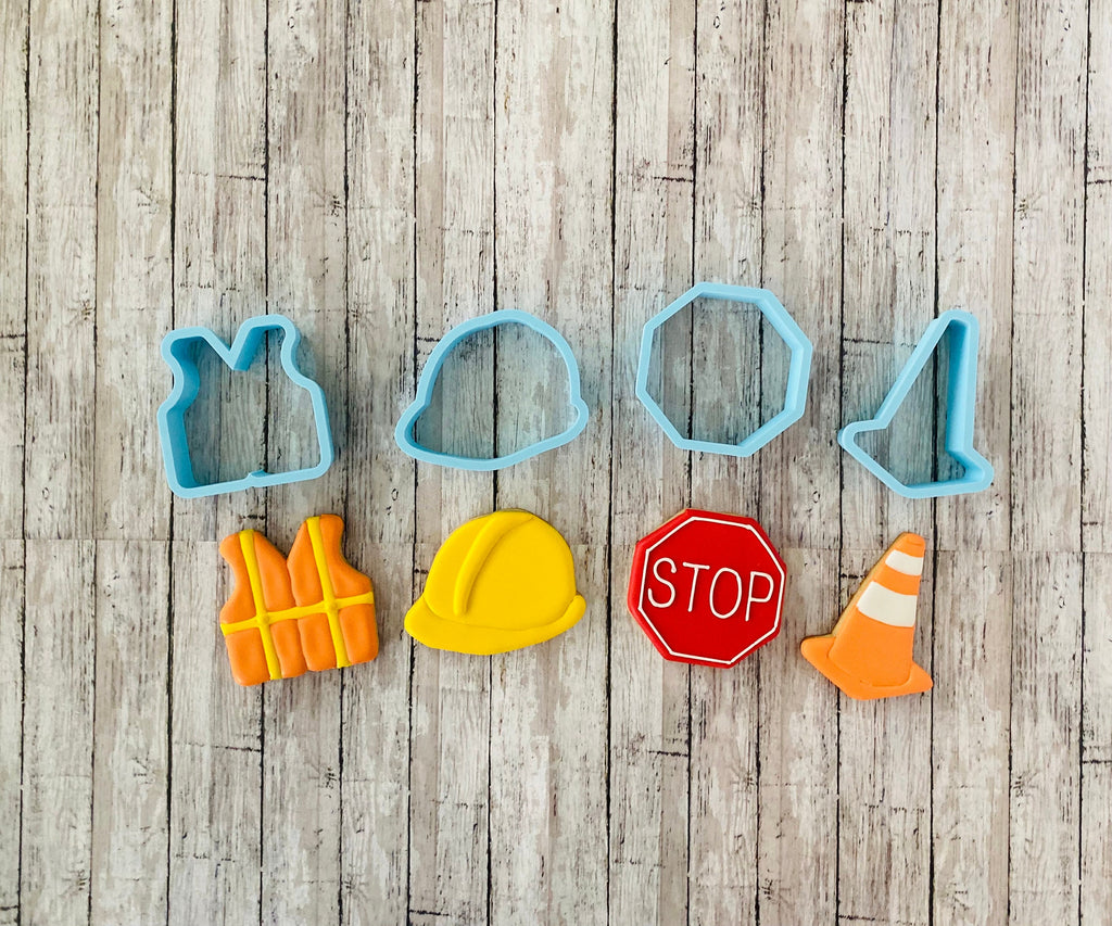 Construction Cookie Cutter, boy cutter, birthday cutter, hard hat cutter, stop sign cutter, cone cutter, vest cutter