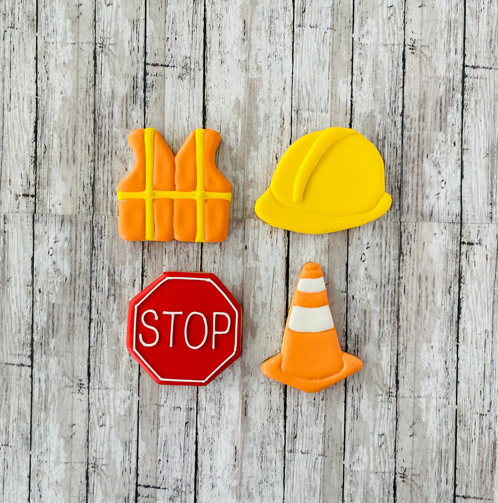 Construction Cookie Cutter, boy cutter, birthday cutter, hard hat cutter, stop sign cutter, cone cutter, vest cutter