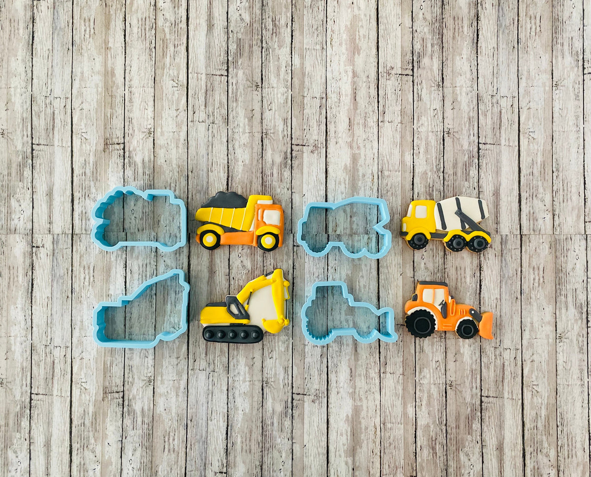 Construction Trucks Cookie Cutter, boy cutter, birthday cutter, bulldozer cutter, cement truck cutter, dump truck cutter, excavator cutter