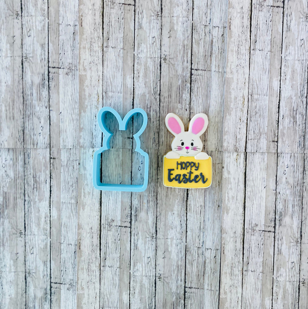 Bunny with Sign Cookie Cutter, bunny plaque cutter, Easter cutter, animal cutter, rabbit cutter, holiday cutter