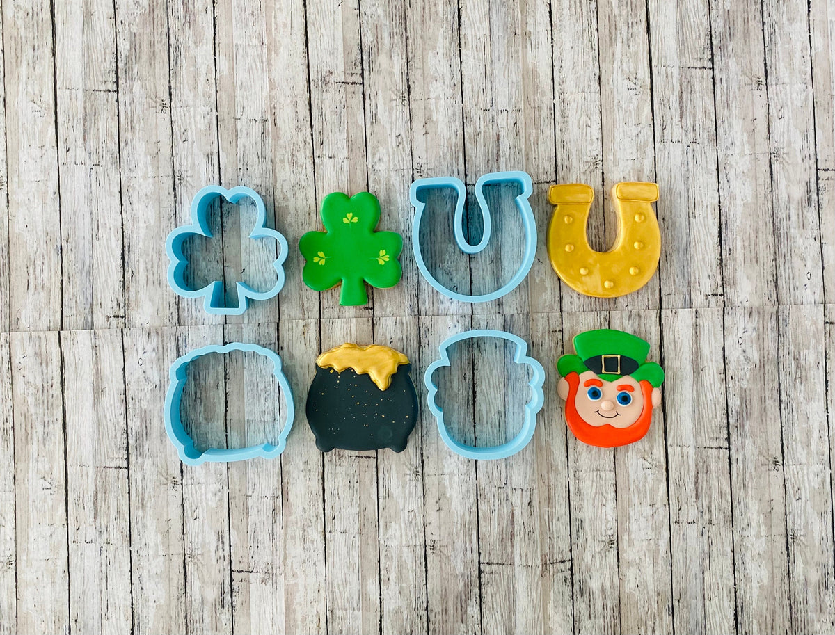 St. Patrick's Day Cookie cutters, pot of gold cutter, shamrock cutter, leprechaun cutter, horse shoe cutter, clover cutter