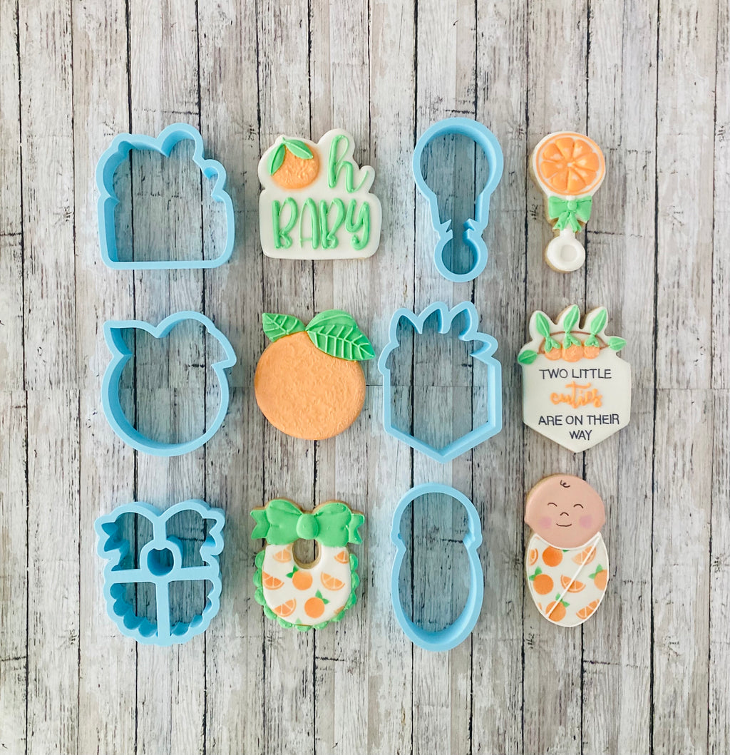 Little Cutie Baby Shower Cookie Cutters, baby cutter, rattle cutter, bib cutter, oh baby cutter, orange cutter, citrus cutter, twins cutter